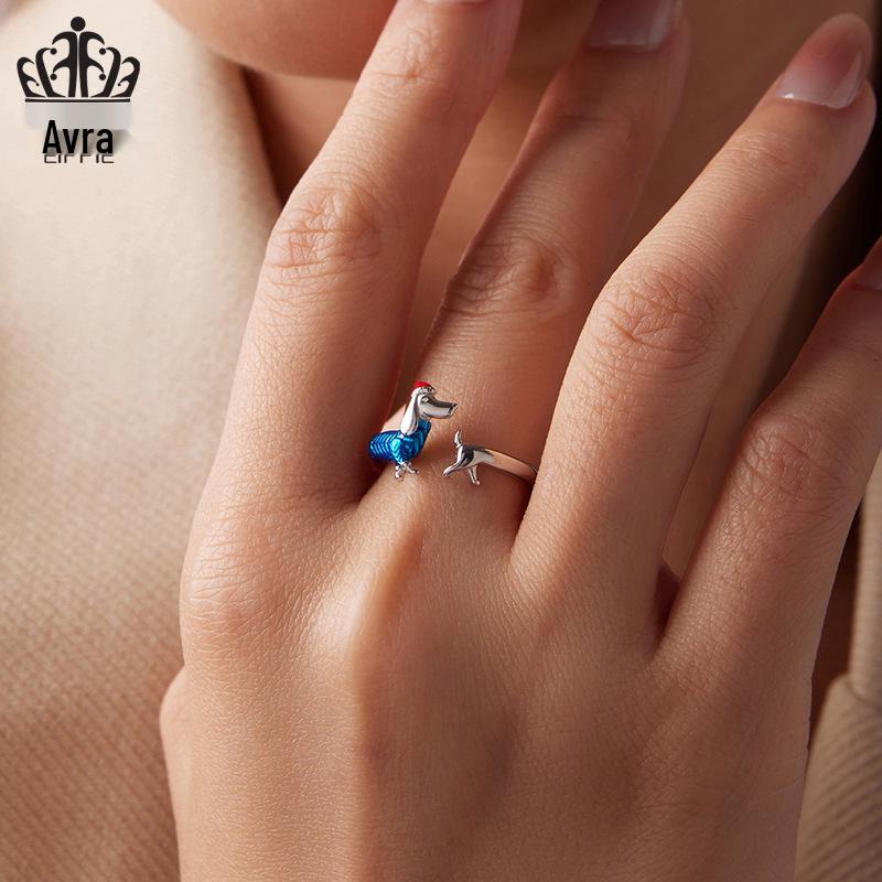 Everle S925 Sterling Silver Dachshund Adjustable Christmas Ring for Women