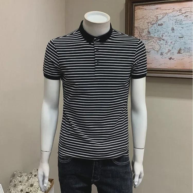 Pánské polo tričko se slim fit pruhy - Letní business casual korejský styl