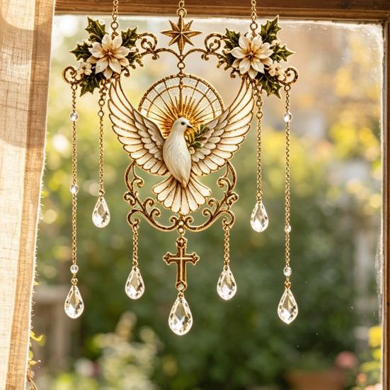 Elegant Indoor Hanging Decor Stained Glass Effect Blessing Suncatcher, Acrylic Angel Prayer Window Sun Catcher for Windows Ornament with Faux Crystal