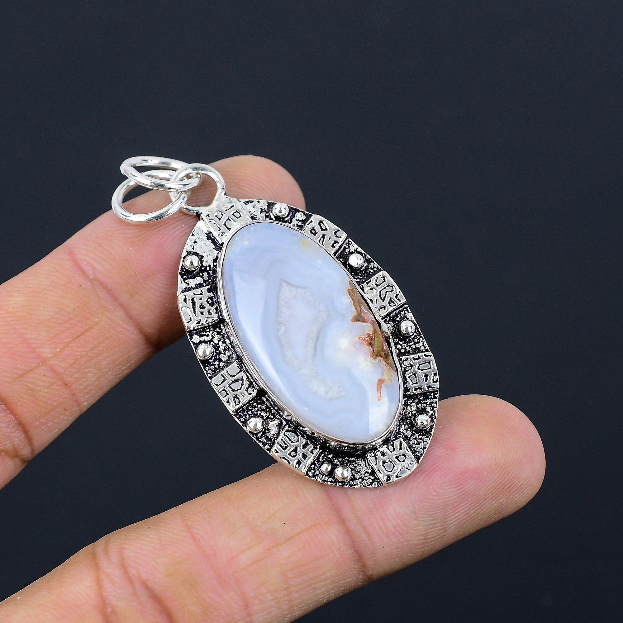 

Third Eye Chakra Blue Lace Agate Stone Engagement Boho Pendant Sterling Silver