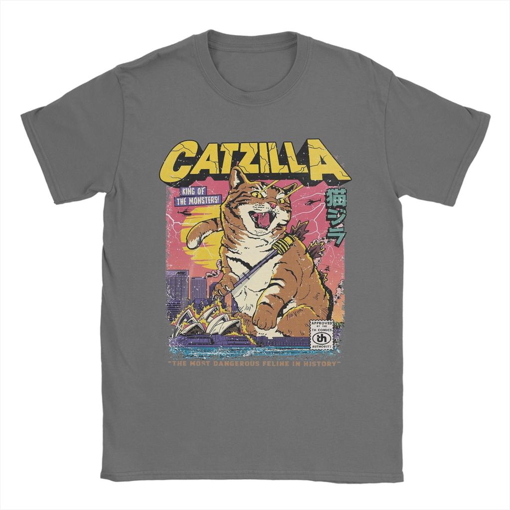 Catzilla Men's T Shirts  Novelty Tee Shirt Short Sleeve Crewneck T-Shirt Pure Cotton Birthday Gift Clothes