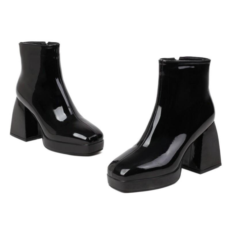 Damen Chunky Heel Quadratische Spitze Kunstleder Stiefeletten Mit Seitenreißverschluss Wasserdichte Plateau Herbst Winter Mode
