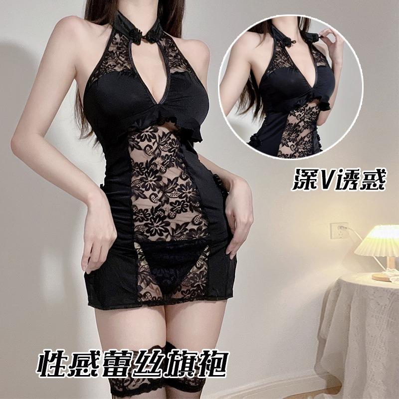 Sex Lingerie Cheongsam Uniform Seduction Female Deep V Hollow Hot Sexy Passion High Split Tease Suit