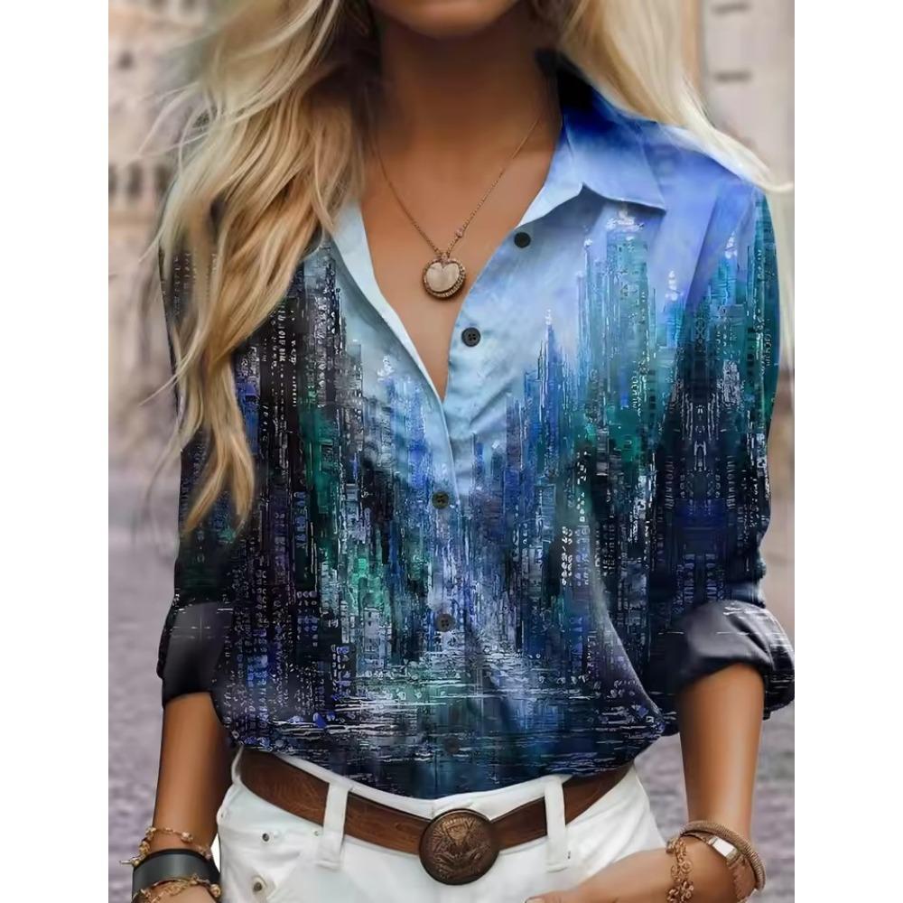 Women's  Fashion Geometric Buttons Blouse Lapel Neck Blouse Womens Long Sleeve Shirts Womens Clothing Female Clothing