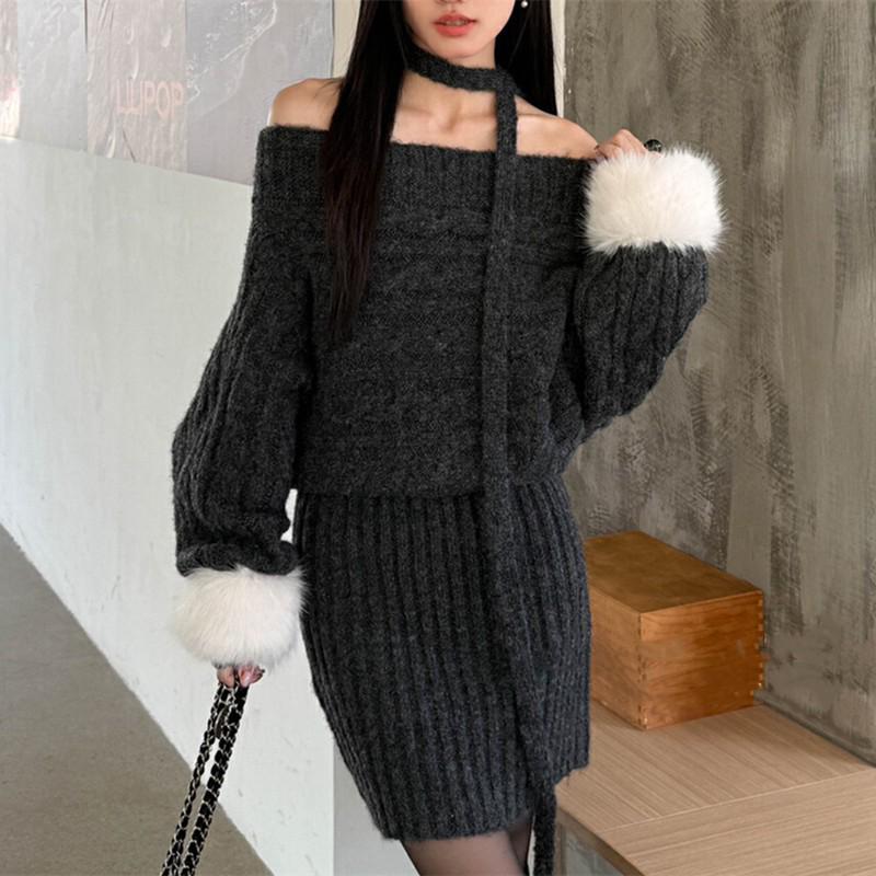 

2025 Autumn/Winter Korean One-Shoulder Furry Dress: Strapless, Waist-Cinched, Pure Desire Style One Size (Suitable for 80-120kg)