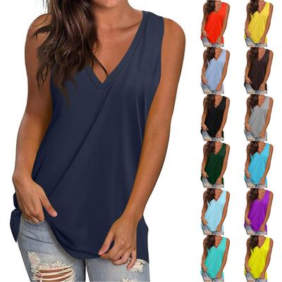 Women's Casual Fashion V-Neck Sleeveless Top Solid Color Vest T-Shirt