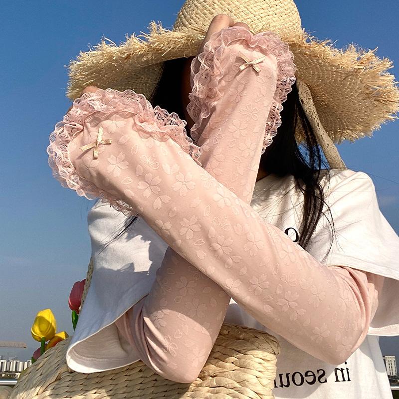 Lace-trimmed Pink Loose-fitting Sun Protection Sleeves for Women, Summer UV Protection, Breathable, Suitable for Cycling and Driving, Trendy Ice