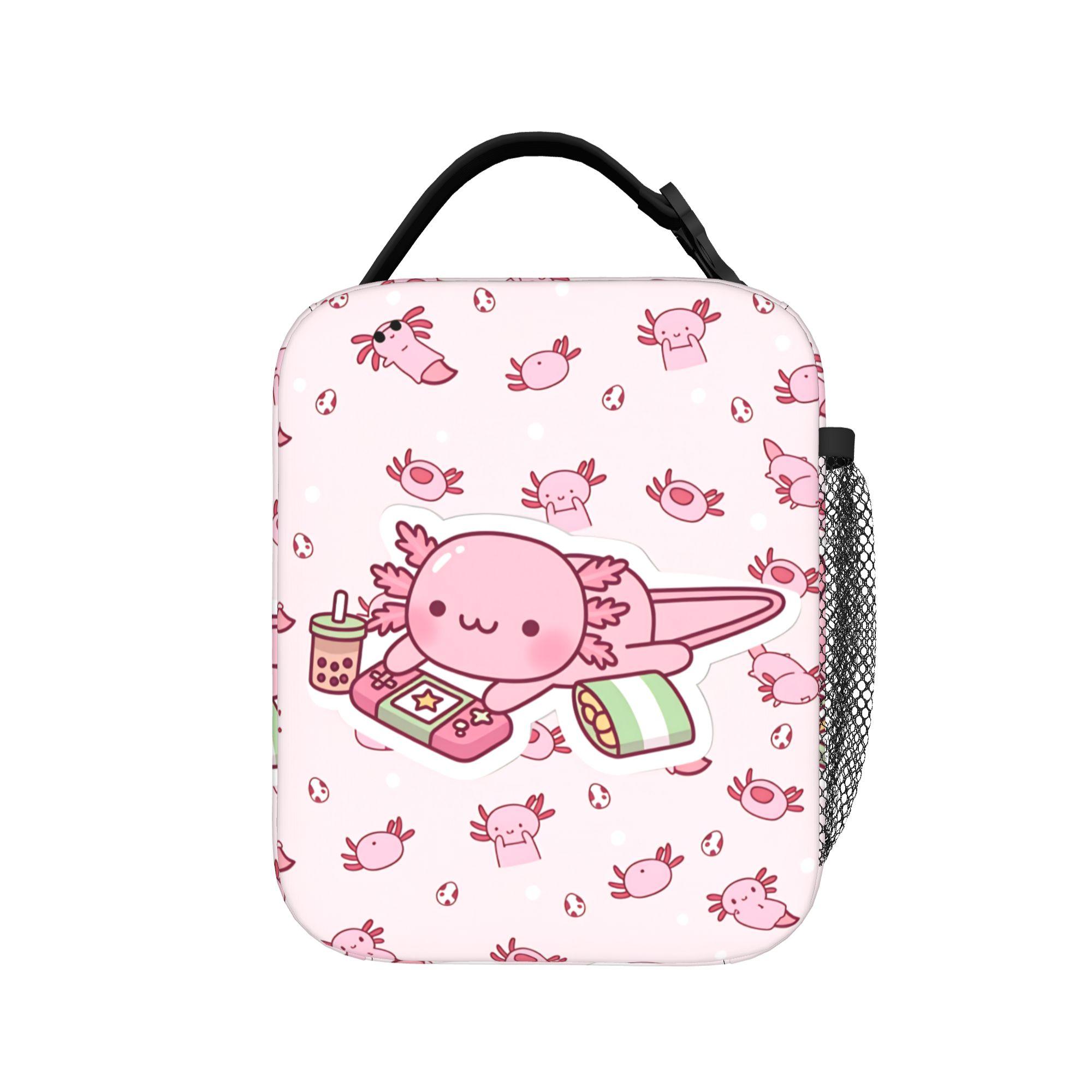 Cute Axolotl Salute Lunch Bag Leisure Lunch Box For Unisex Picnic Portable Insulated Cooler Bag Oxford Thermal Tote Handbags One Size