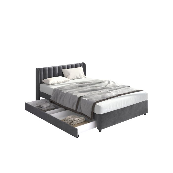 Lit - MUVOE - 160 x 200 cm - Velours gris - 2 tiroirs - Sommier à lattes