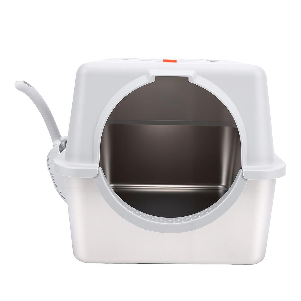 Cat Litter Box Enclosed Large Stainless Steel Base Easy Clean Mess Proof Odor Control Resist Design Dual Entry Options with Scoop