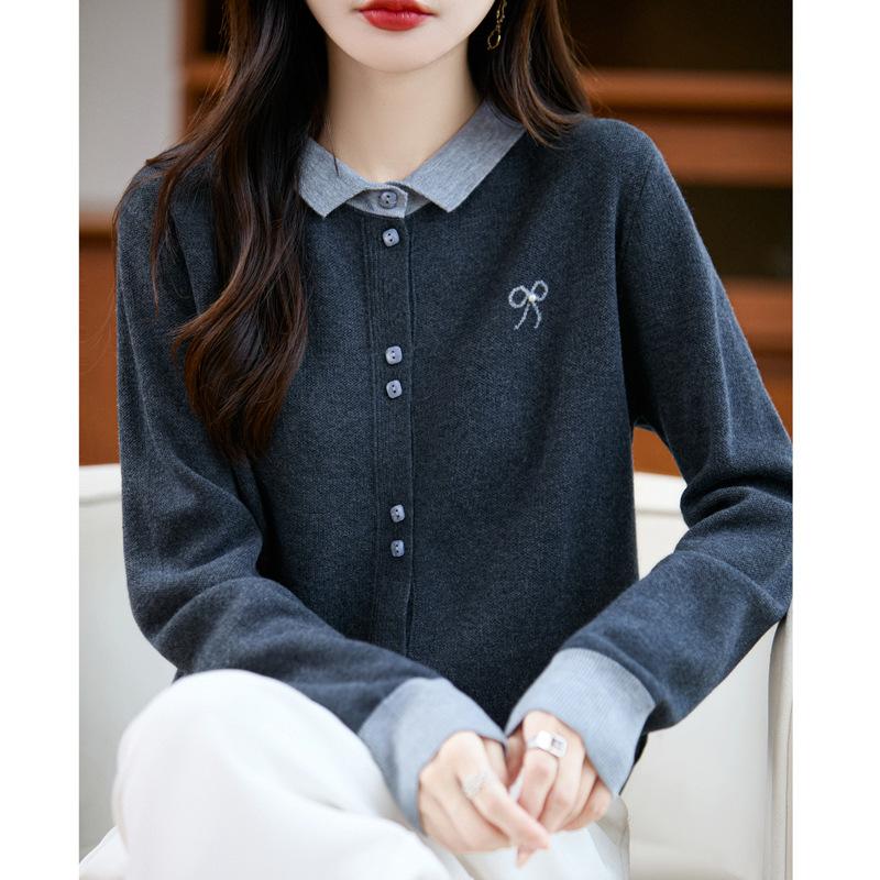 

This Autumn s New Color-blocked Polo-neck Knitted Sweater Jacket Is A Slim and Simple Woolen Cardigan for Women XL темно серый/серый