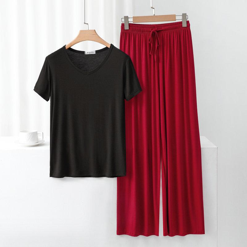 Modal Homewear 2pcs Pajamas Set Short Sleeve Tops and Trousers Solid Color Casual Loose Sleepwear Suit Plus Size Nightwear