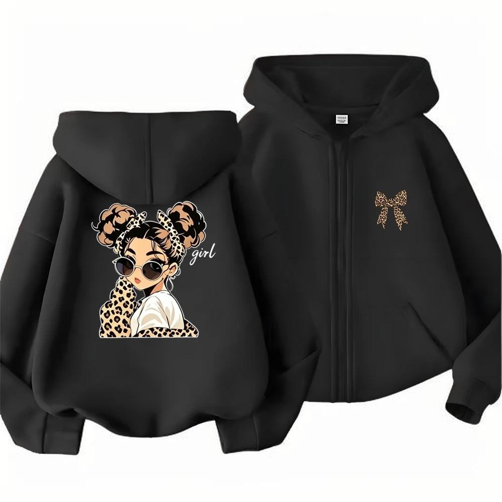 Autumn Children Hoodie Leopard Print Bow Red Girl Tops Zip Up Black Gray Pink Coat Hoodies Kid 3-12 Year Zipper Style