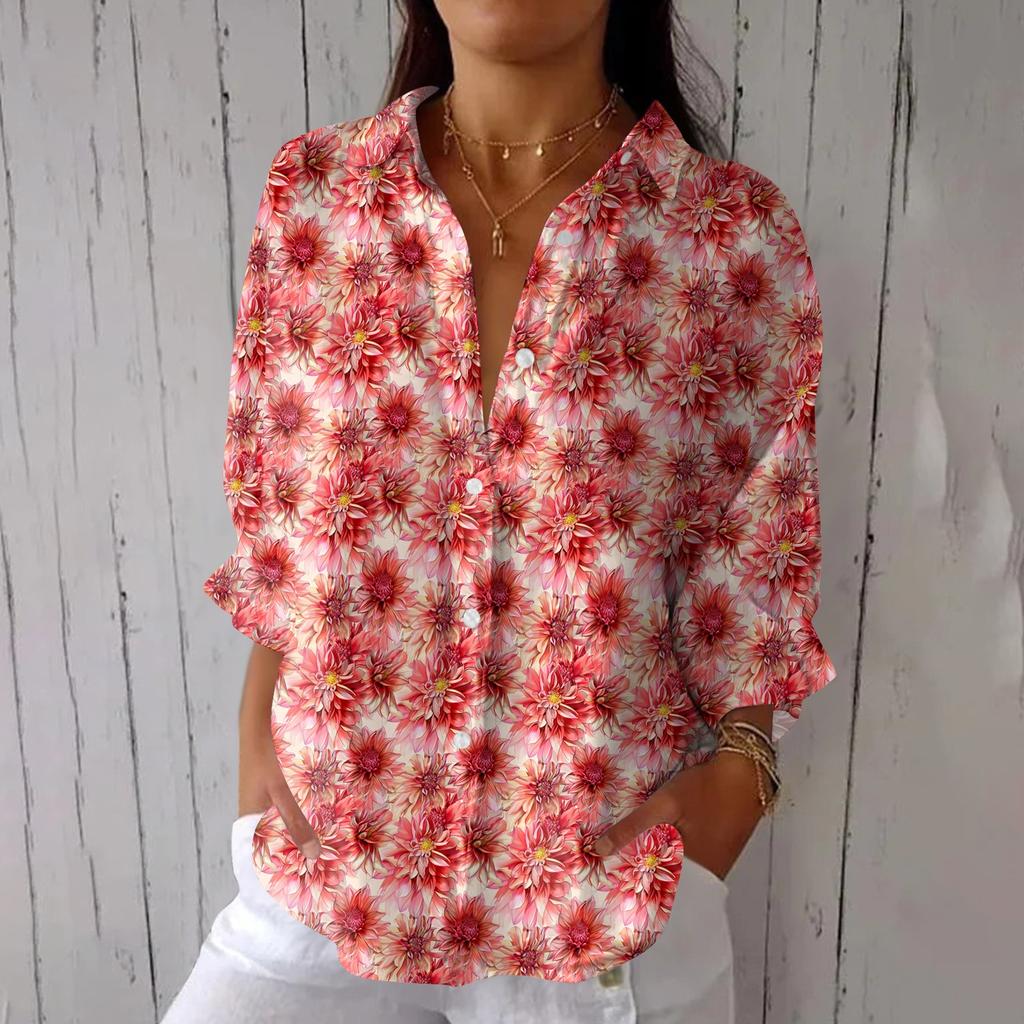 Women's Fashion Seven Sleeve Casual Lapel Back Tie Shirt Printed T-Shirt Top