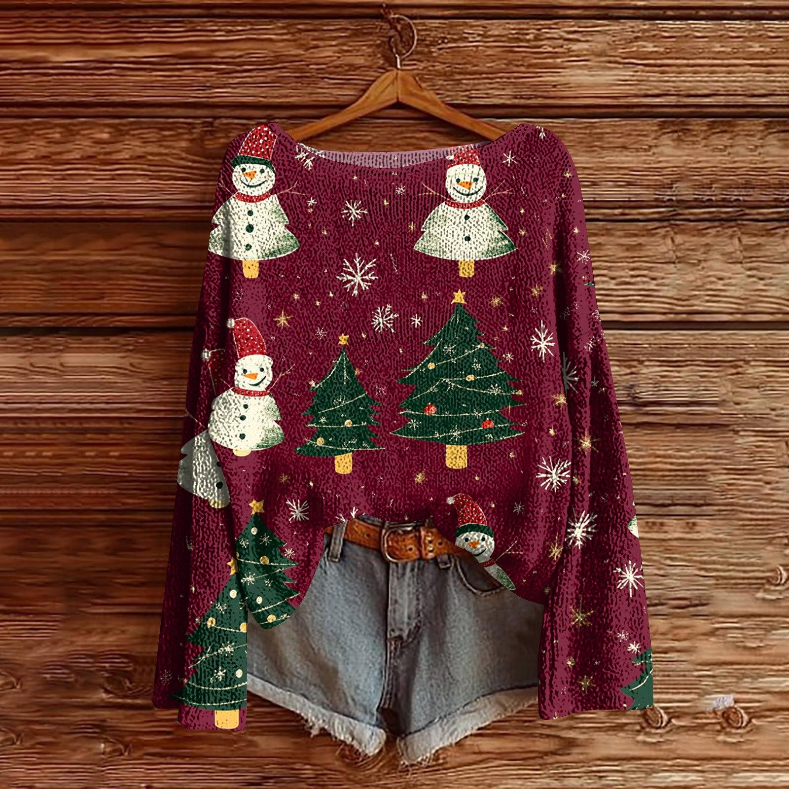 

Женский легкий свитер с рождественским принтом, повседневный вязаный пуловер с длинным рукавом XL винный