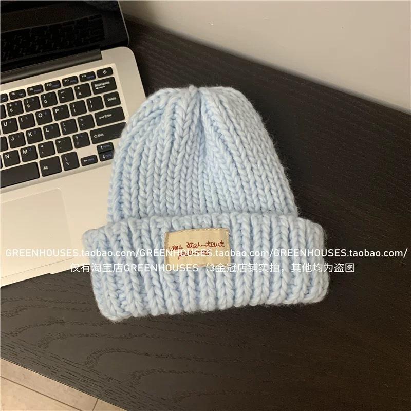 Big Head Circumference Patch, Blue Knitted Wool Hat, Women's Face In Autumn and Winter, Small Versatile Hat, Ear Protection, Cold Hat