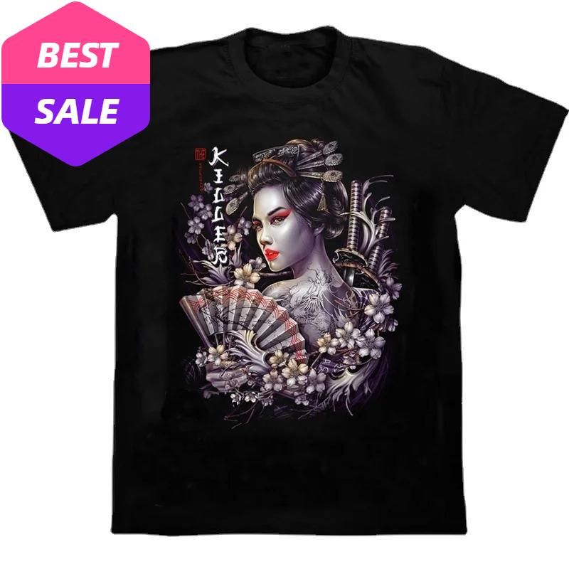 Japanese Harajuku Style Beauty Geisha Samurai Sword Cherry Blossom TShirt Cotton Round Neck Short Sleeve T Shirt Double Sided