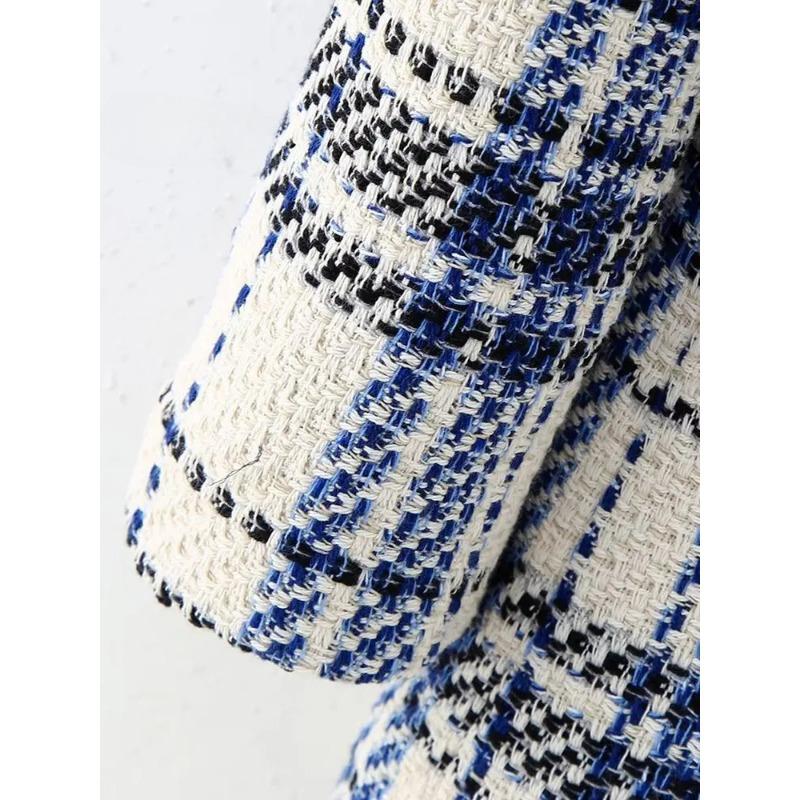 Women Fashion with Pockets Texture Plaid Double Breasted Blazer Vintage Notched Neck Long Sleeves