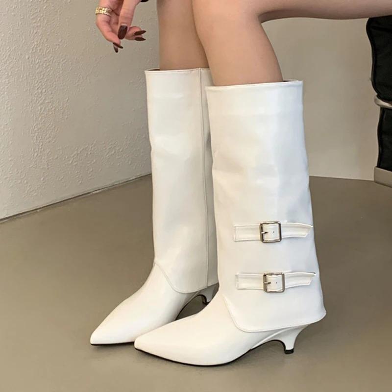 Mode Mode Damstövlar Temperament Spetsig Tå Läderstövlar Eleganta Ben Byxor Skaft Ankelstövletter Bältesspänne Knähöga Stövlar för Kvinnor