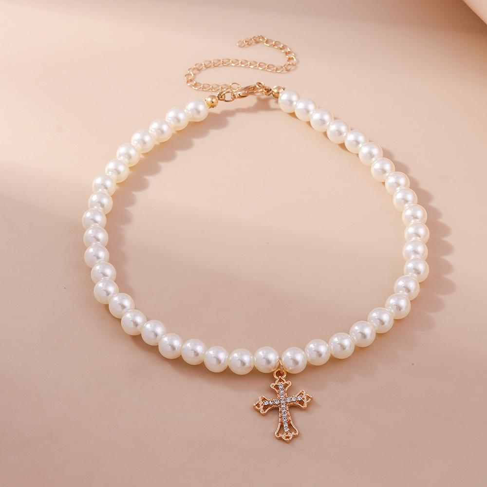 Elegant Cross Pendant Necklaces for Women Girls Pearl Beaded Choker Necklace Wedding Party Jewelry Gifts