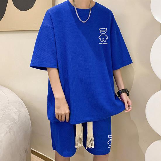 2 Pcs/Set Men Summer Tracksuit Cartoon Bear Korean Style Half Sleeves Sports Drawstring Casual Top Shorts Suit Male Clothes