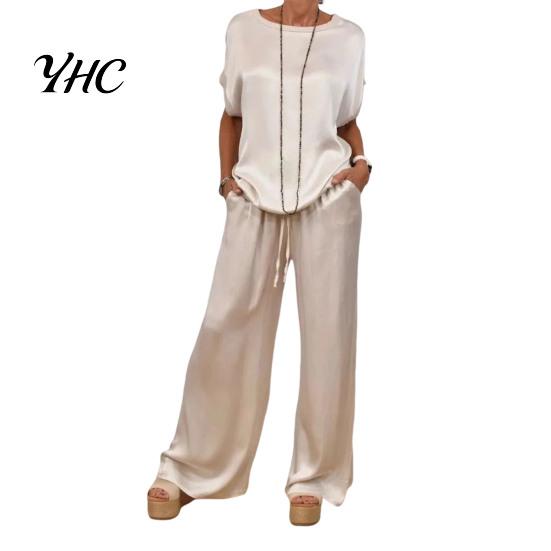Simple Women Suit 2 Pcs/Set Top Pants Set Satin Round Neck Half Sleeves Blouse Wide Leg Pantsuit Elastic Waist Trousers with Pockets Daily Leisure 3XL