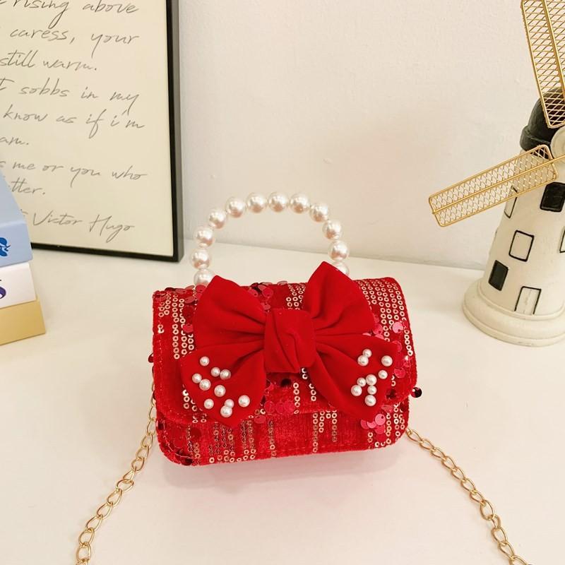 Kids Red Delightful Handbag With Stylish Chain And Charming Bow For Style Daily