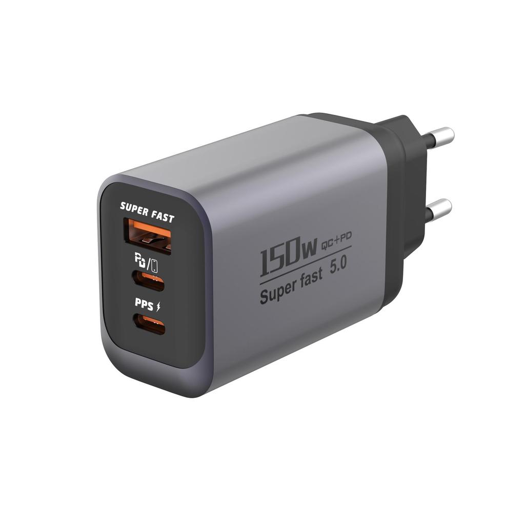 150W Multi-Port Smart Charger: Fast Charging Plug with 2 PD and 1 USB Port.