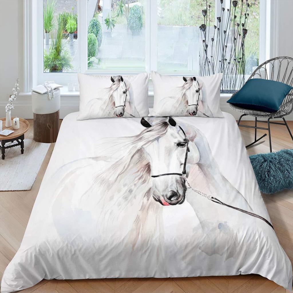 White Horse Down Quilt Set Animal Print Quilt Cover Comfortable Bedding Three-Piece Set