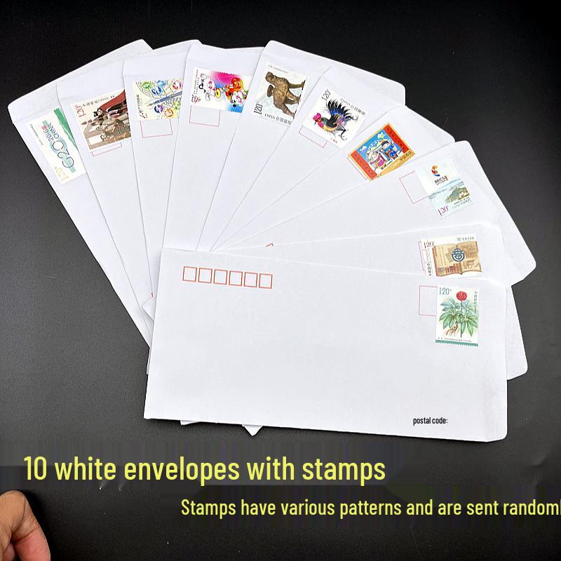 10-Piece Kraft Stationery Set: White Envelopes with 1.2 Yuan Stamps, Ready for Mailing
