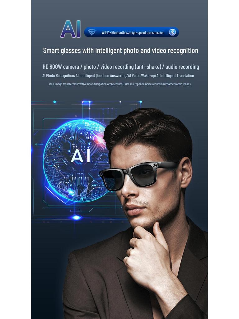 AI Smart Glasses: Video Recording, Bluetooth Audio, Call Support, 8MP Camera, Auto Translation, Color-Changing.