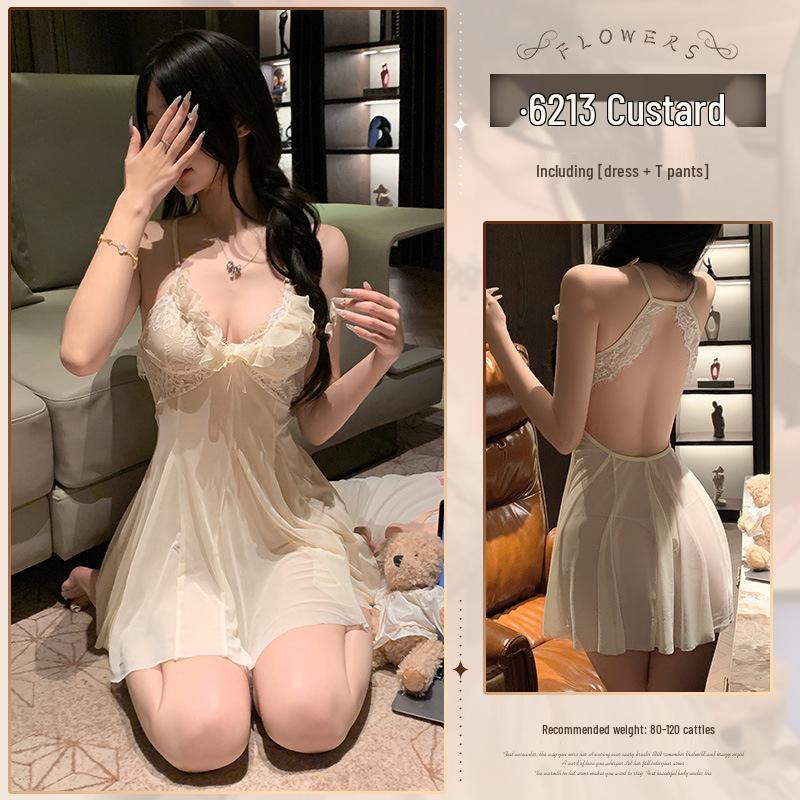 "Feimu Lace Milk Deep V Sheer Nightdress 6213 - Sexy Backless Lingerie Set with T-String, 20-Pack"