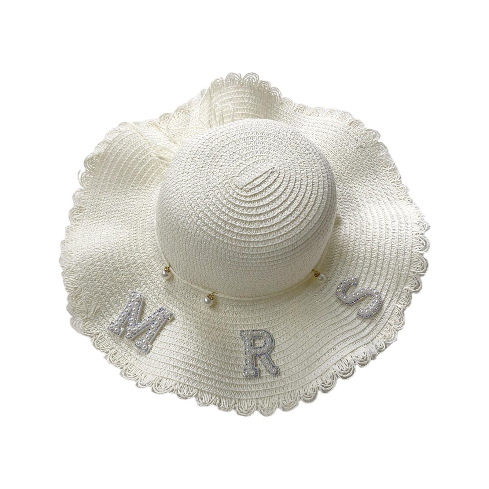 

Шляпа ручной работы для свадебной вечеринки, шляпа невесты с жемчужными надписями BRIDE/MRS, свадебная шляпа федора из плетеной соломы с волнистыми полями B1