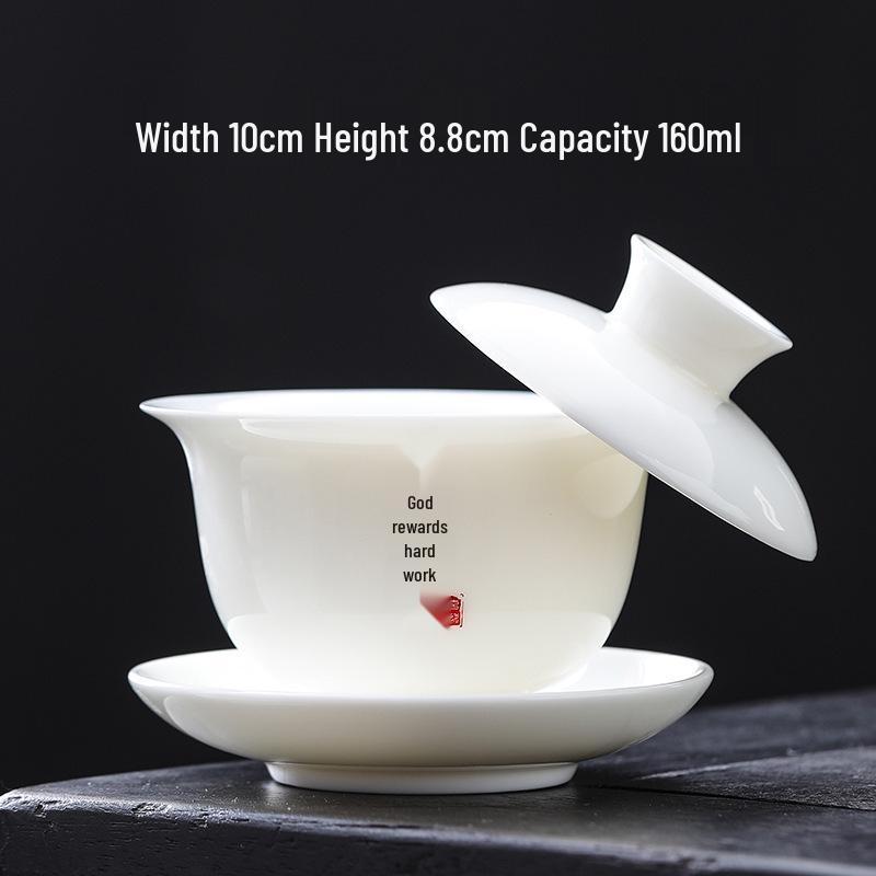 High-Grade Mutton Fat Jade Rotating Lid Bowl and White Porcelain Teapot Set