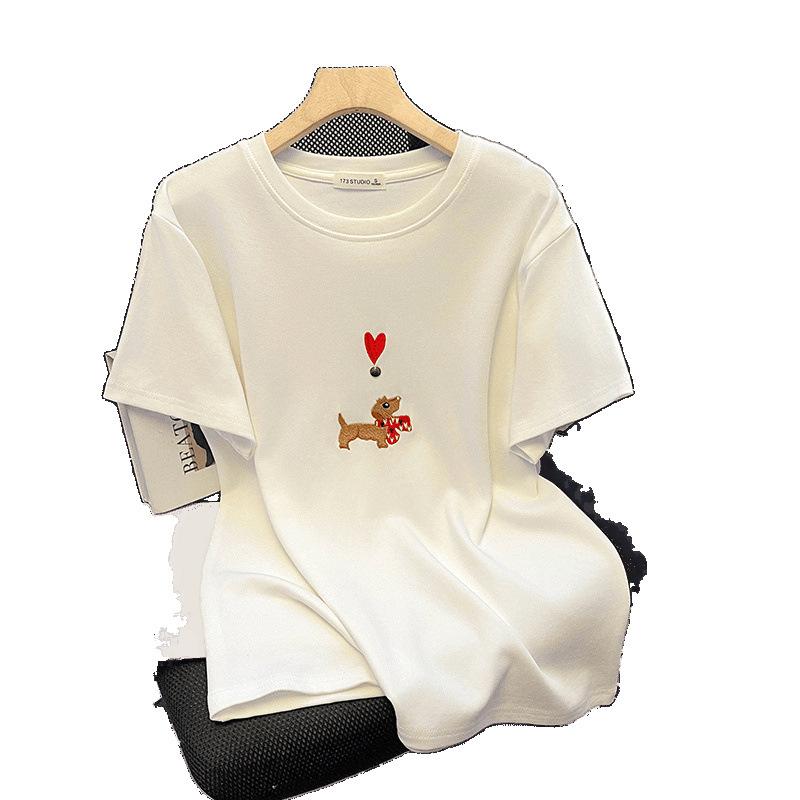 Foreign Style Heavy Cartoon Embroidery Short-sleeved T-shirt Women's Summer New High-end Water Soft Cotton Loose Half-sleeved Top