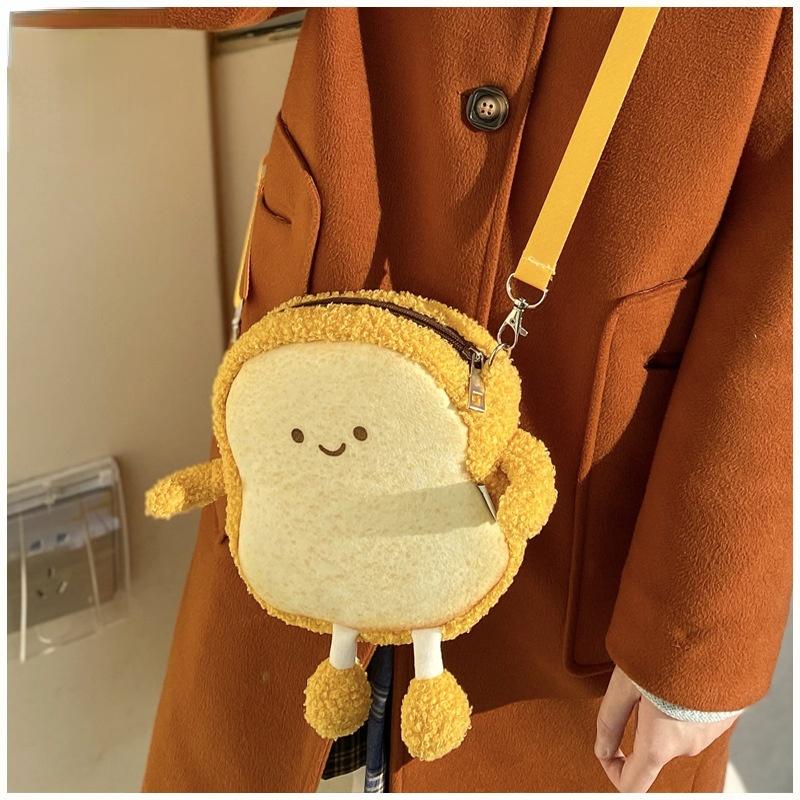 Cute Toast Bread Plush Crossbody Bag Cartoon Smiley Face Phone Wallet Purse For Women Girls Shoulder Handbag