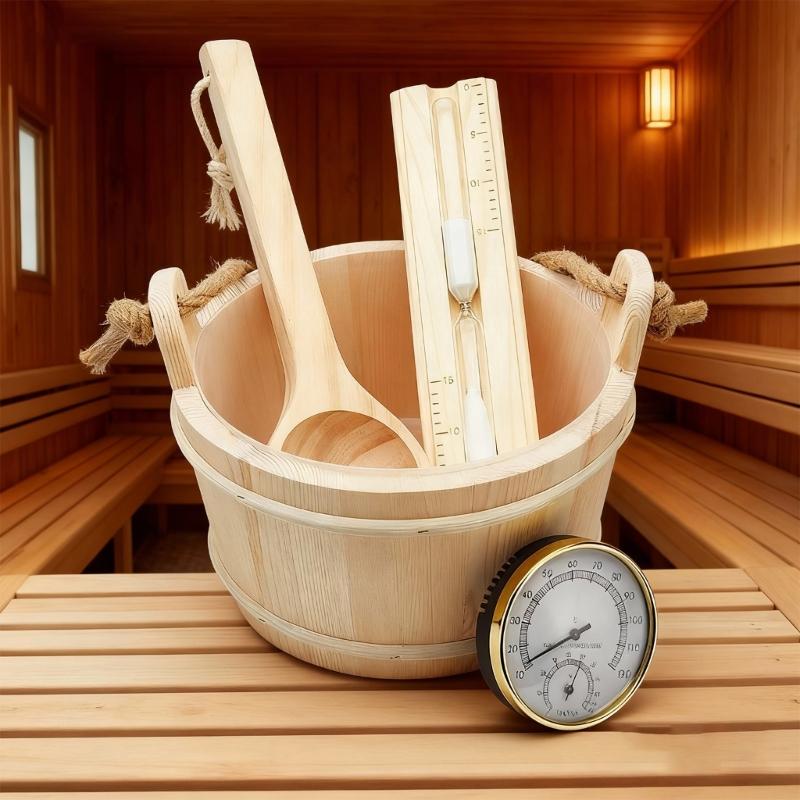 Sauna Accessories Set Includes Wood Bucket Long Handle Spoon Hourglasses Thermograph for Steam Room Bathroom Enduring