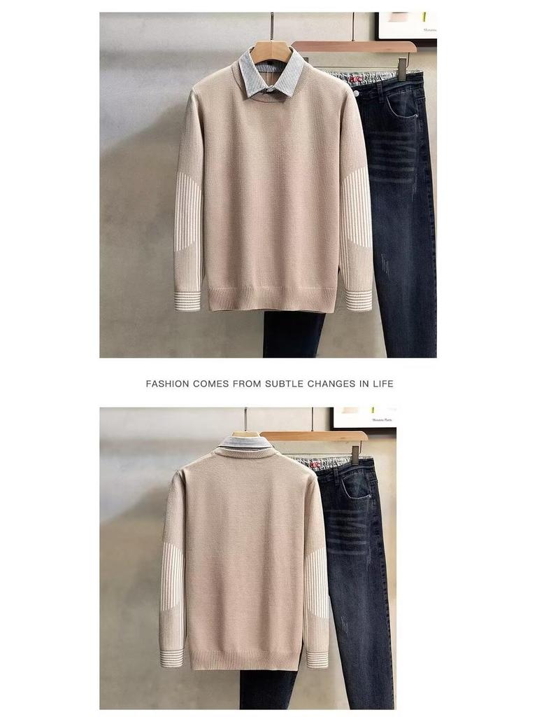 Men's Stylish Knit Sweater: Spring & Autumn, Fake Two-Piece, Casual Japanese Trend