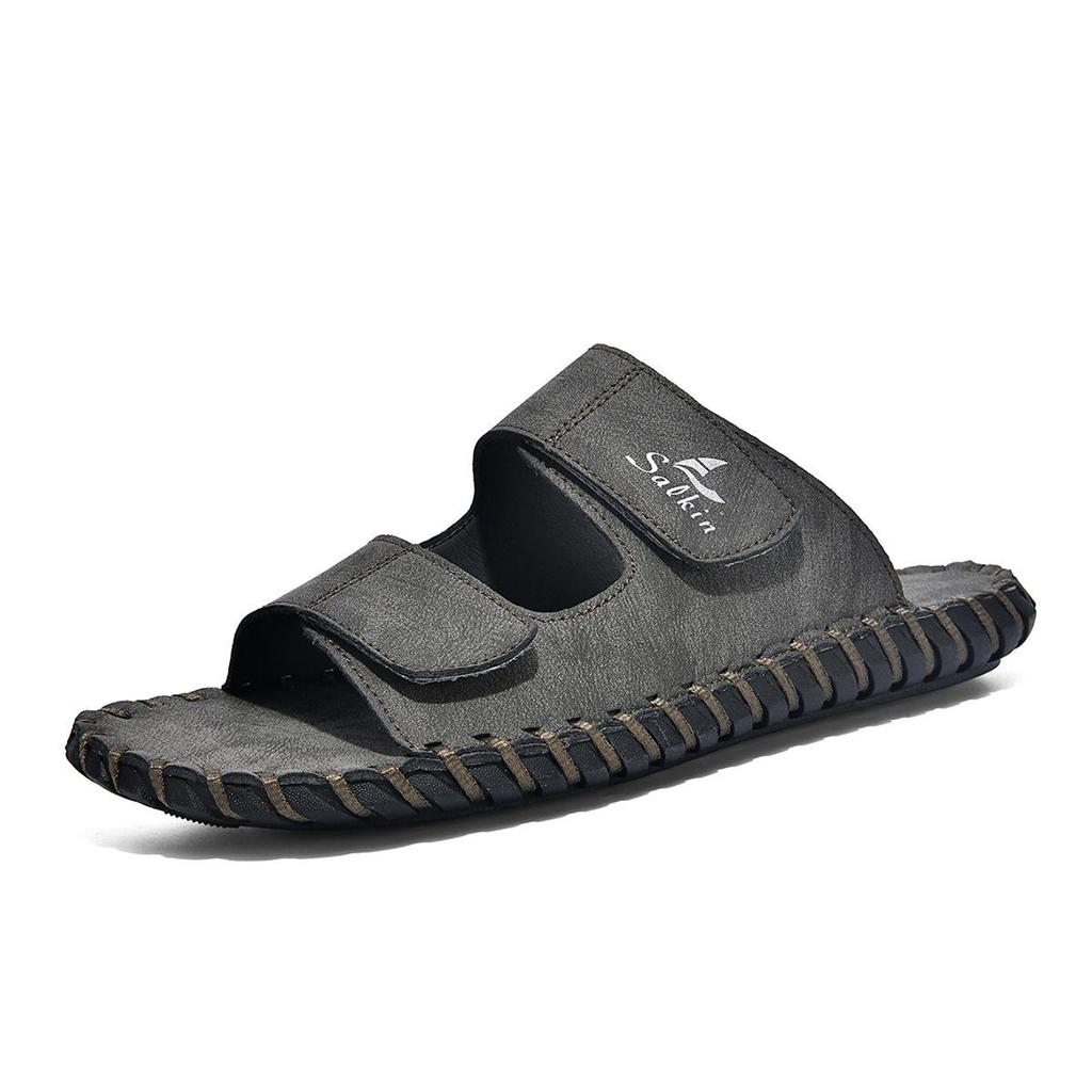 Summer 2026 Men's Large Leather Outdoor Beach Slippers, Size 48