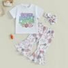 Toddler Girl Easter Outfits Short Sleeve Round Neck T-Shirt + Egg Bunny Print Flare Pants + Bow Headband 3 Pcs Set