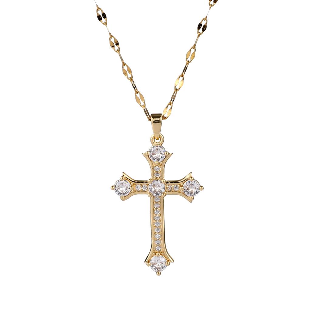 Stainless steel micro-inlaid large diamond cross necklace for women