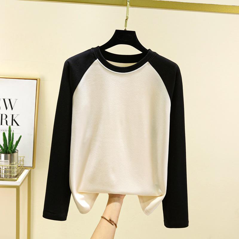 

Женская футболка из немецкого бархата с рукавами реглан и цветными блоками - Приталенная, универсальная, с круглым вырезом, осенне-зимний стиль L