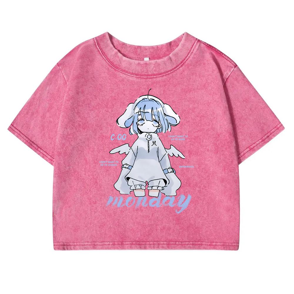 Harajuku Anime Girl Design Print Washed Crop Top Womens Street Fitness T-Shirts Summer Tees Cotton Casual Short Sleeve