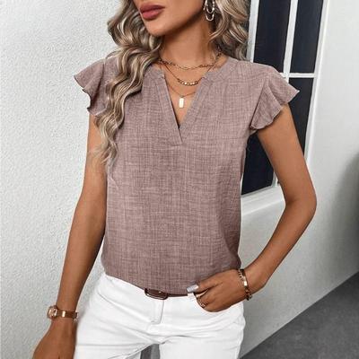 Damesmode Casual Zomer Lente Effen Kleur Print Blouses Korte Mouwen V-hals Shirts