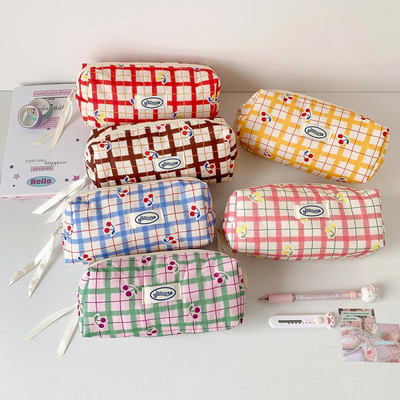 Ins Style Kariert Kirsche Federmäppchen Multifunktionale Tragbare Aufbewahrung Tragetasche Kosmetiktasche Zubehör Schreibwaren Aufbewahrungstasche