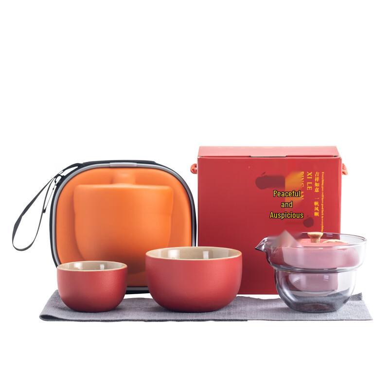 Chinese Style Red Ceramic Tea Set (1 Pot, 2 Cups)