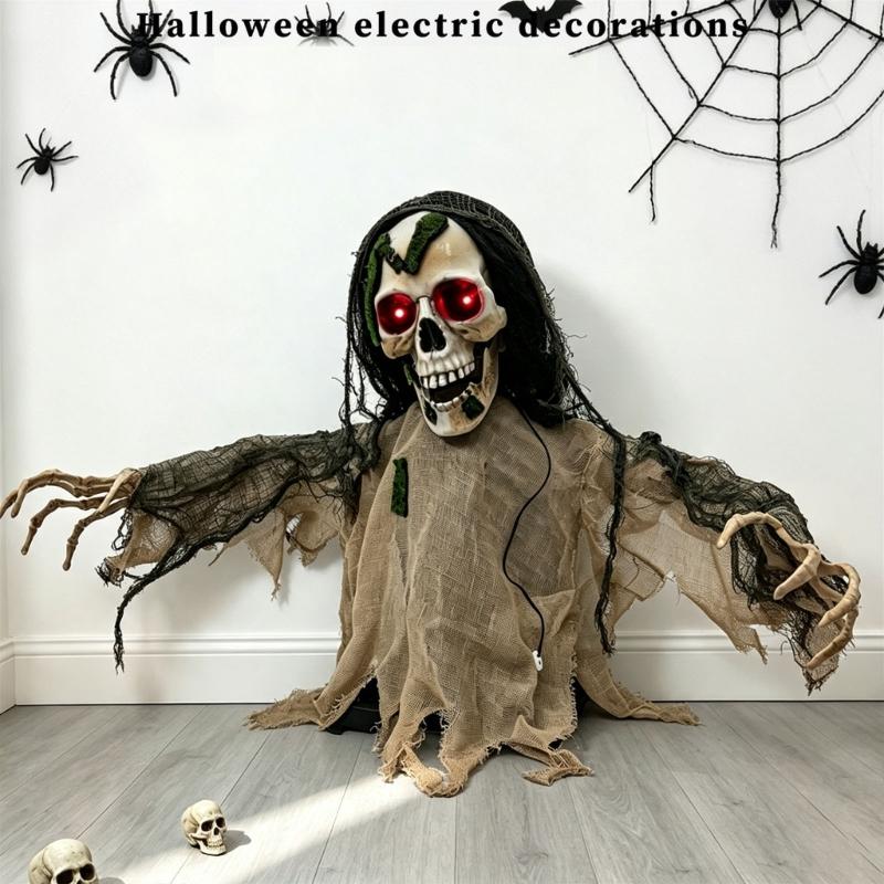 Half Body Halloween Figure With Sound Activation Red Light Gaze and Aged Cloth Finish for Seasonal Party Porch Graveyard Display Scene Use