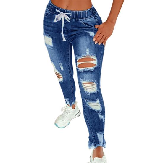 Mode Damen Elastischer Kordelzug Löcher Lange Jeans Hose Dating Streetwear