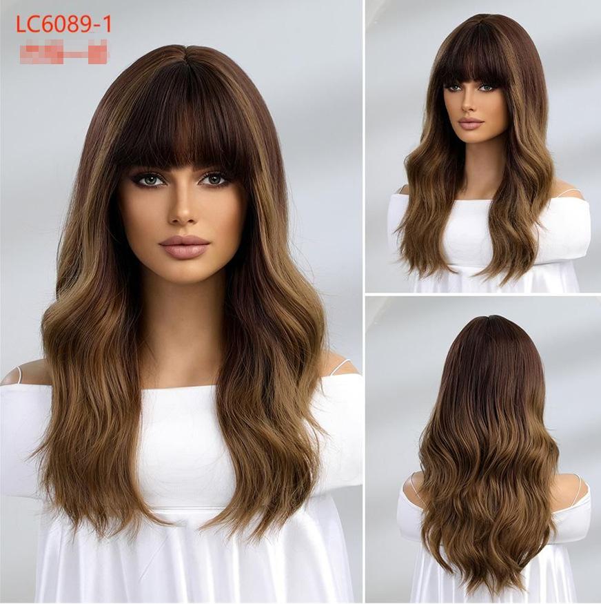 Women Long Wave Layered Brown Hair with Bangs Synthetic Mixed Blond Wigs for Daily Cosplay Heat Resistant Fibre