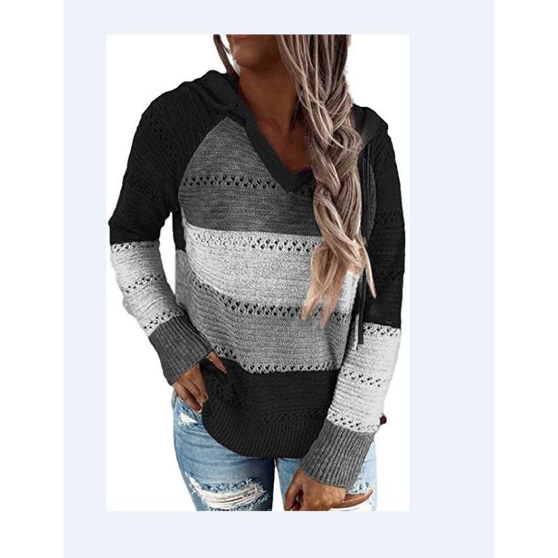 

Women s Casual Striped V-Neck Hollow Long Sleeve Hooded Sweater Clothes Sale 5XL чорний